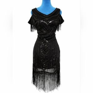 Vintage Style Black Sequin Fringe Dress Gatsby Old Money Glam Size L